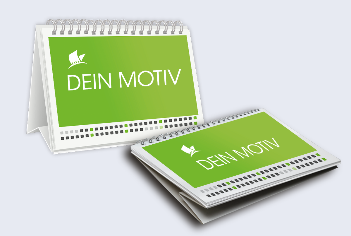 Tischkalender mit Wire-O-Bindung und auffaltbarer Stütze